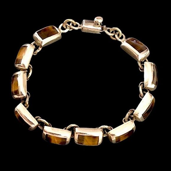 TAXCO Sterling Silver Tigers Eye Link Bracelet - Picture 3 of 7